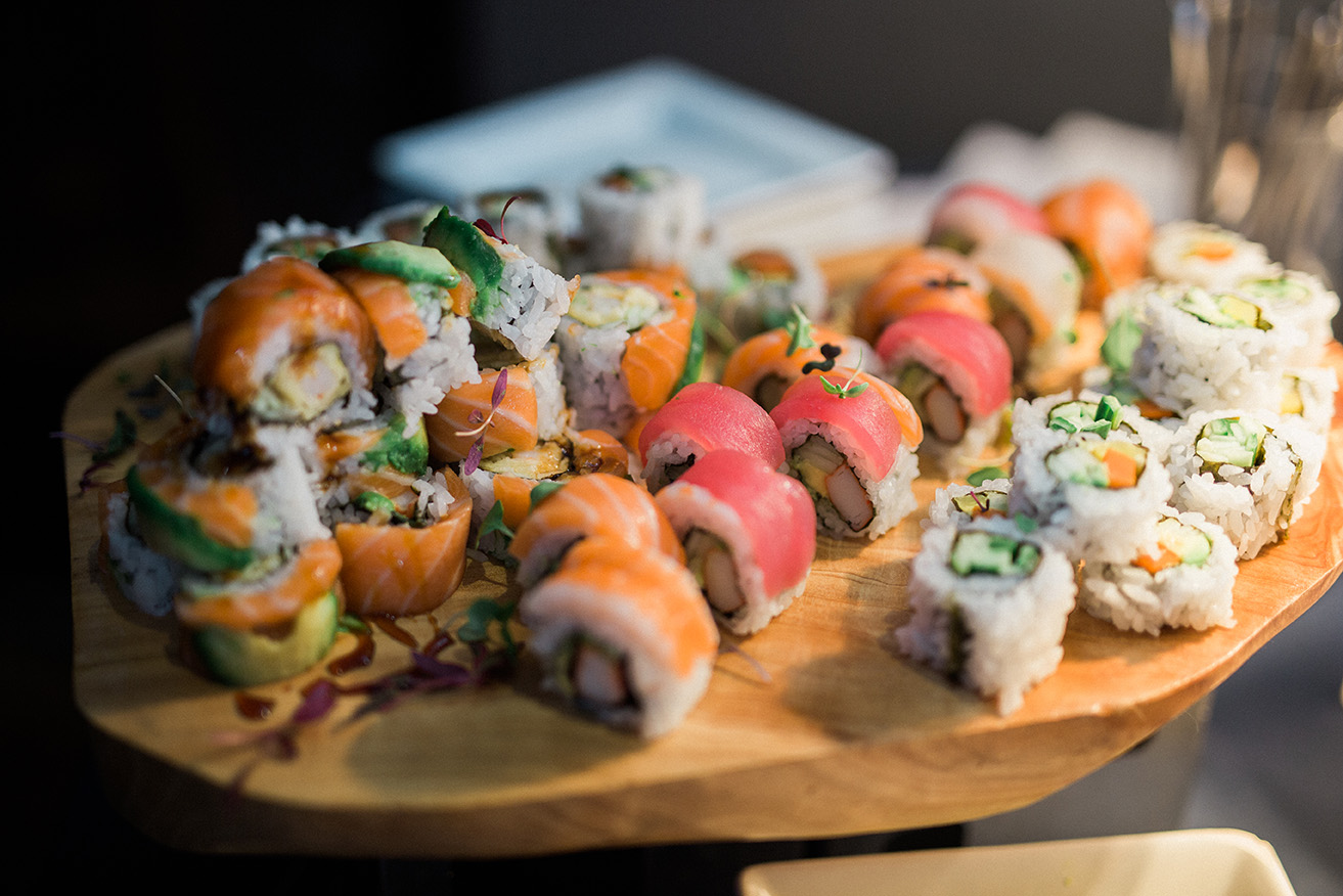 Assorted Sushi on Wood Platter