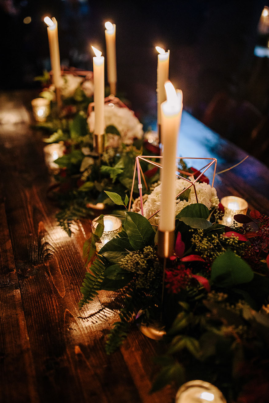 Wooden Head Table With Taper Candles & Greenery