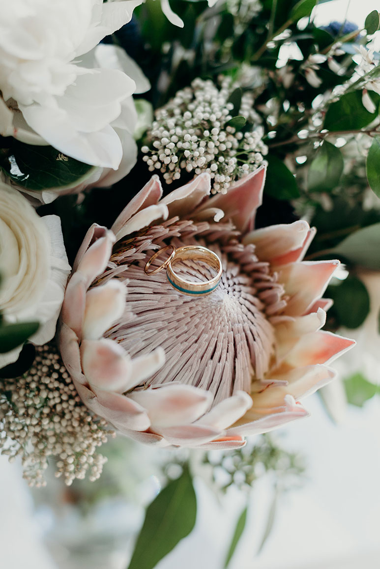 Wedding Rings Sitting on Pink Protea Flower