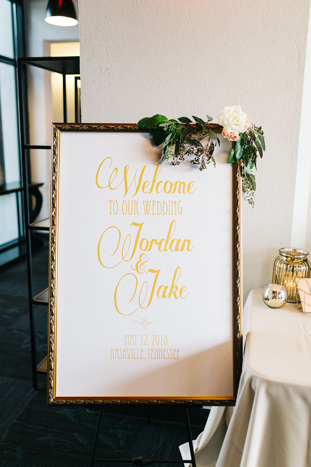 White, Yellow and Gold Wedding Welcome Sign