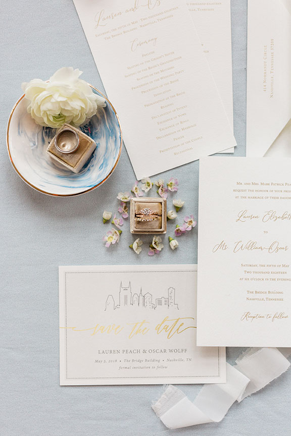 Wedding Rings With White Invitation Suite Flat Lay