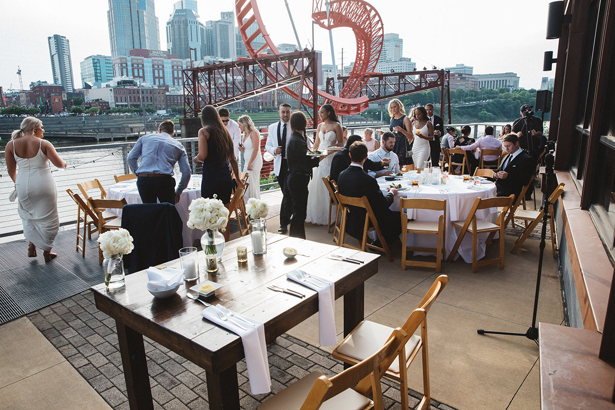 Modern Southern Riverfront Wedding Reception on Bridge Building's Patio