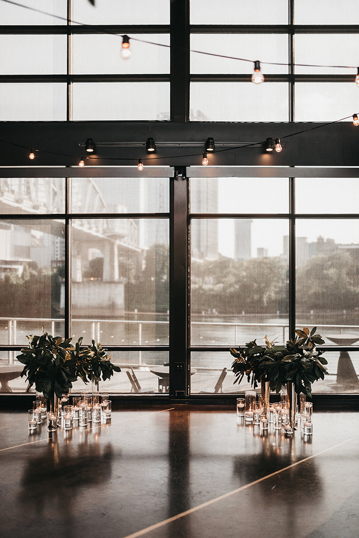 Modern Wedding Ceremony Magnolia Leaf Candlelit Altar