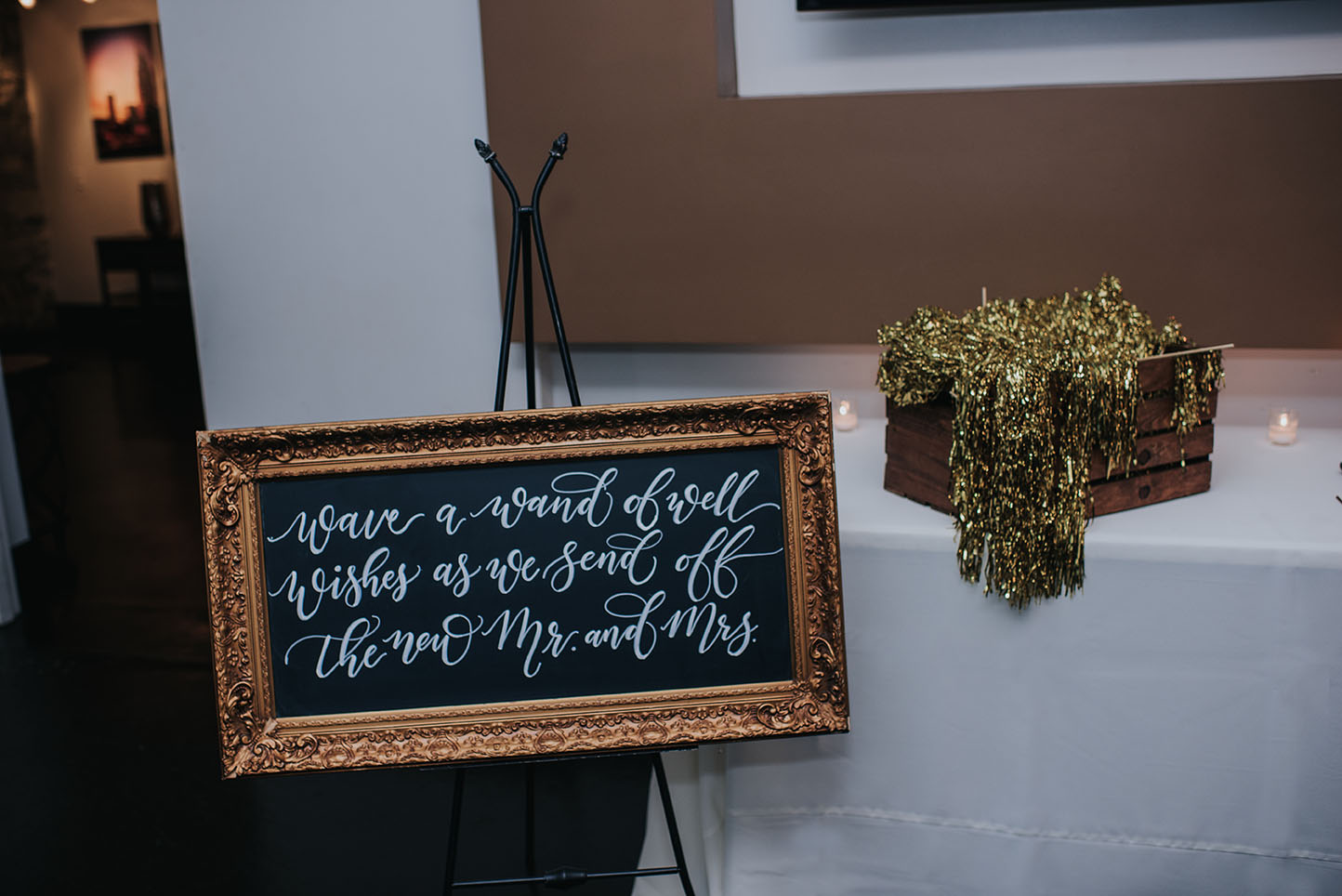 Gold-Framed Wedding Exit Sign with Gold Streamers