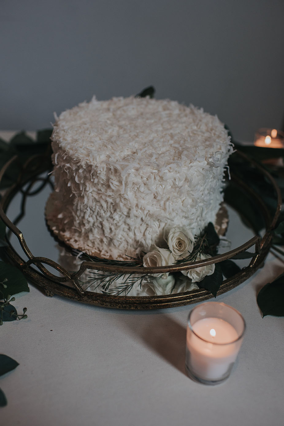 Textured White Coconut Cake with Greenery