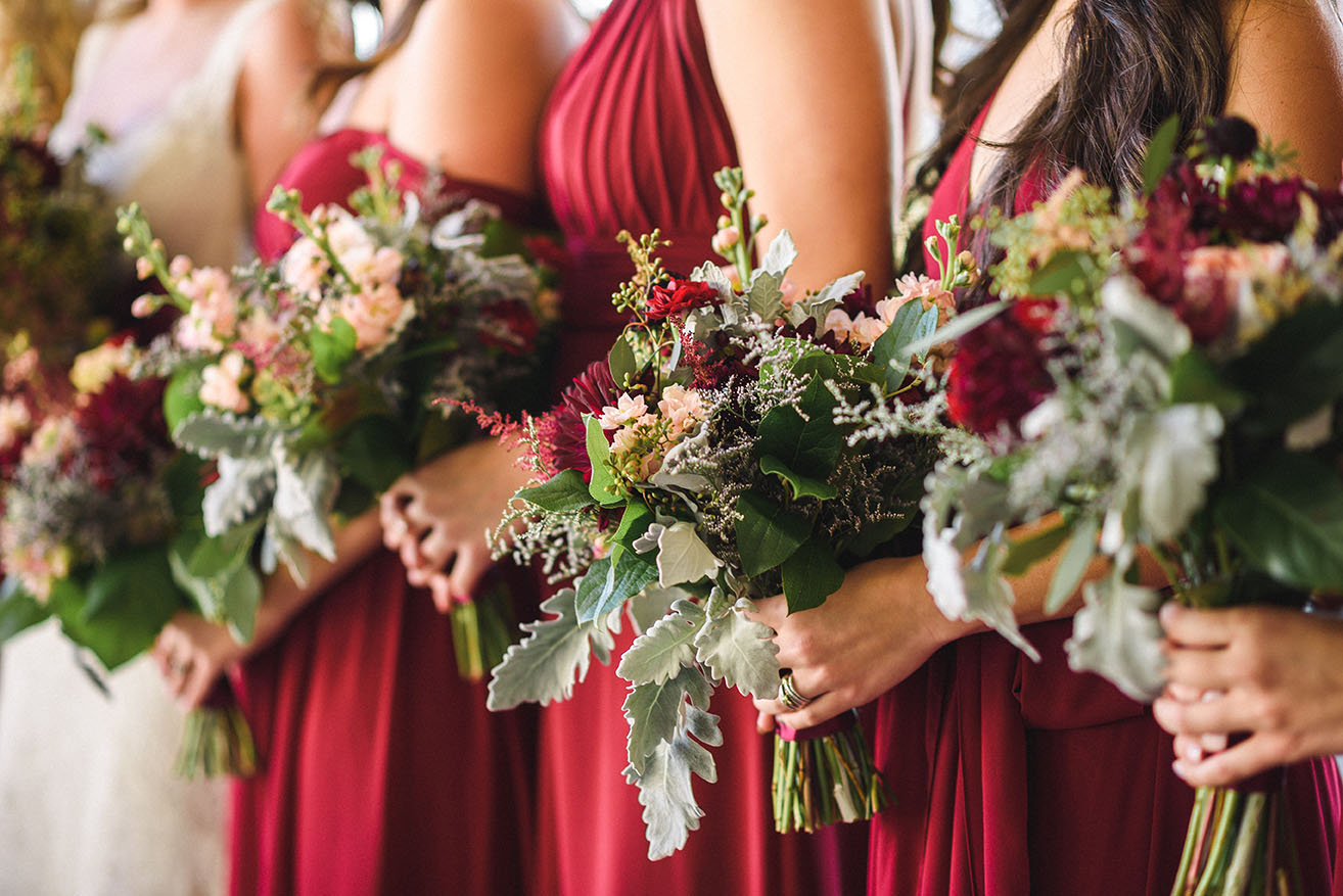 Burgundy and Greenery Bridesmaid Bouquets