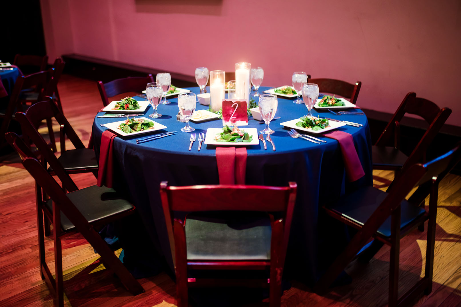 Navy and Burgundy Wedding Table Setting at The Bell Tower