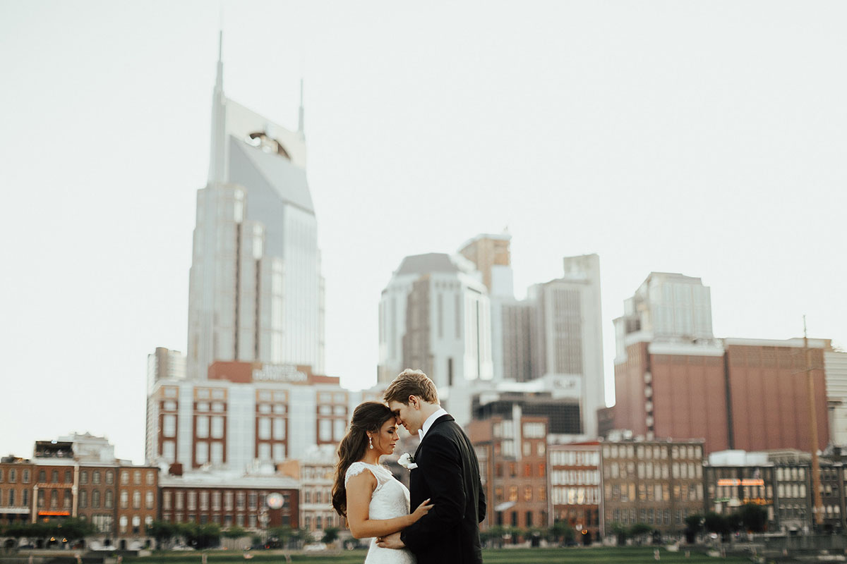 Bride and Groom in Front of the Downtown Nashville Skyline