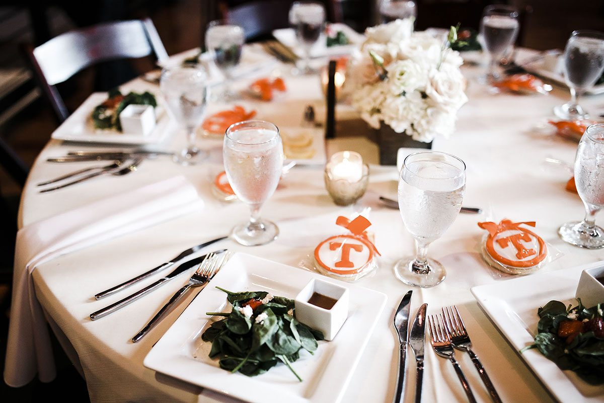 Jenna and Ben's Wedding Reception Table Scape With Tennessee Cookie Party Favors