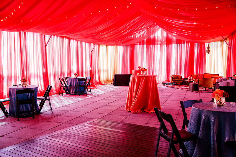 Bridge Building Patio with Red Draping