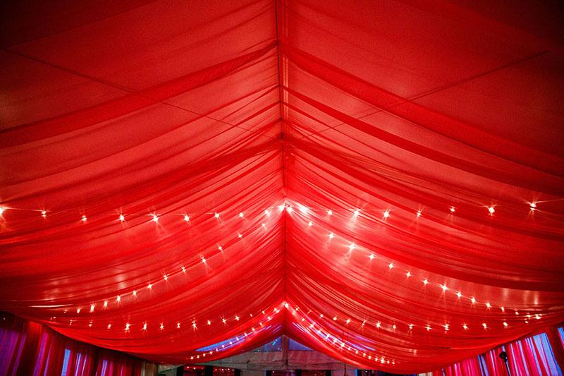 Red Tent Ceiling Draping with String Lights