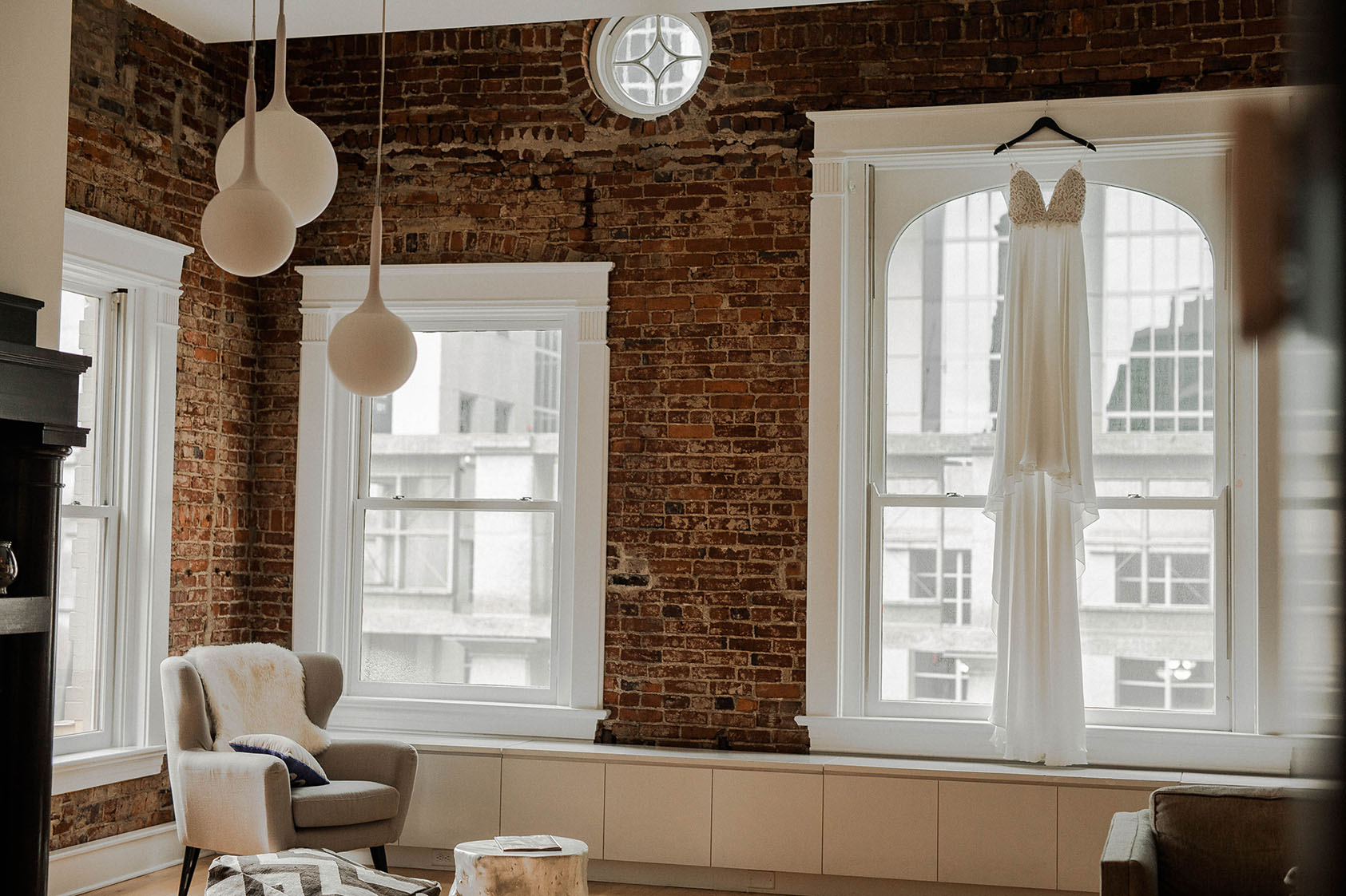 Wedding Dress Hanging on Window