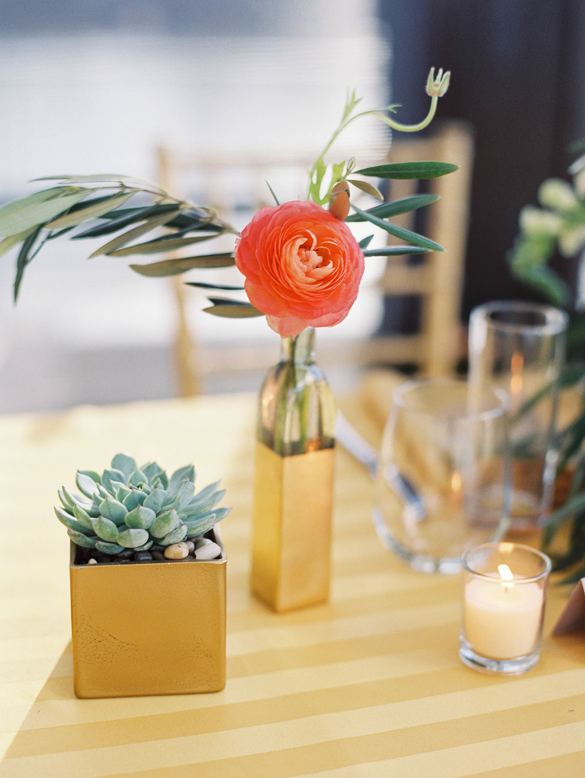 Gold Tablescape with Orange Floral and Succulent
