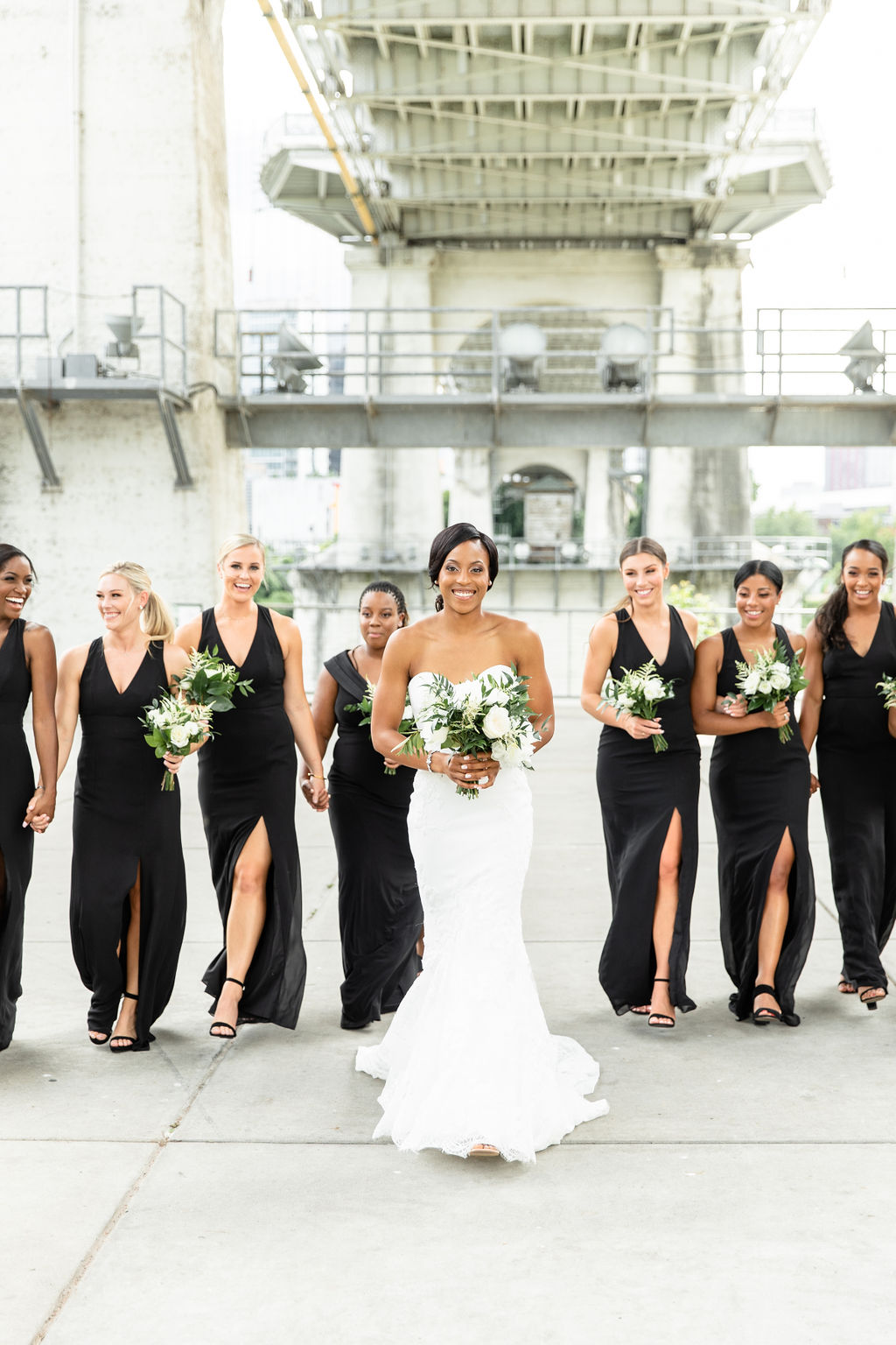 Demetria and Bridesmaids Under Pedestrian Bridge