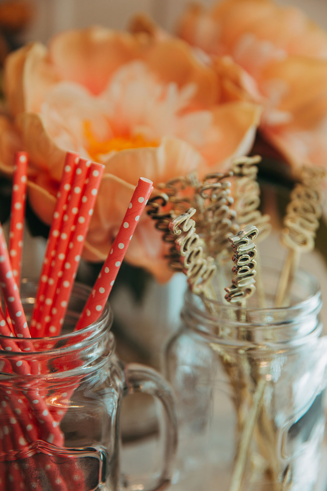 Red Patterned Straws and Gold 'Cheers' Cocktail Stirrers