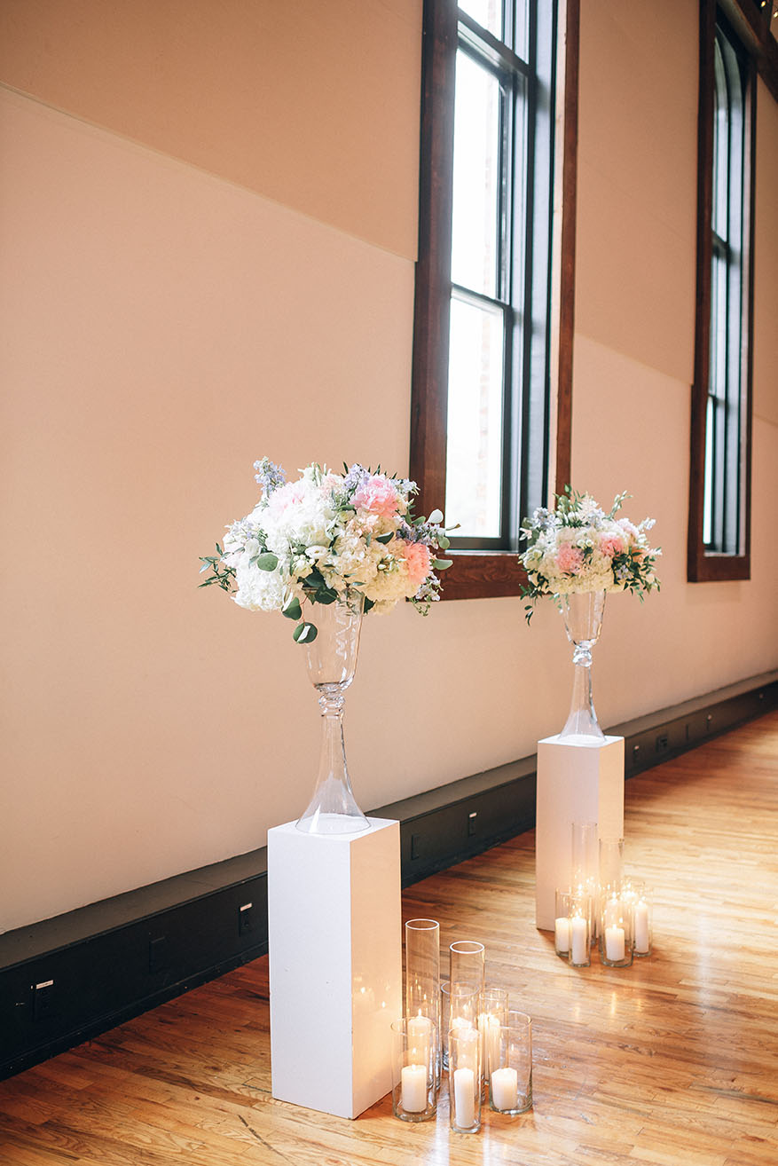 Pink & White Spring Wedding Ceremony Altar Floral Arrangements on White Pedestals