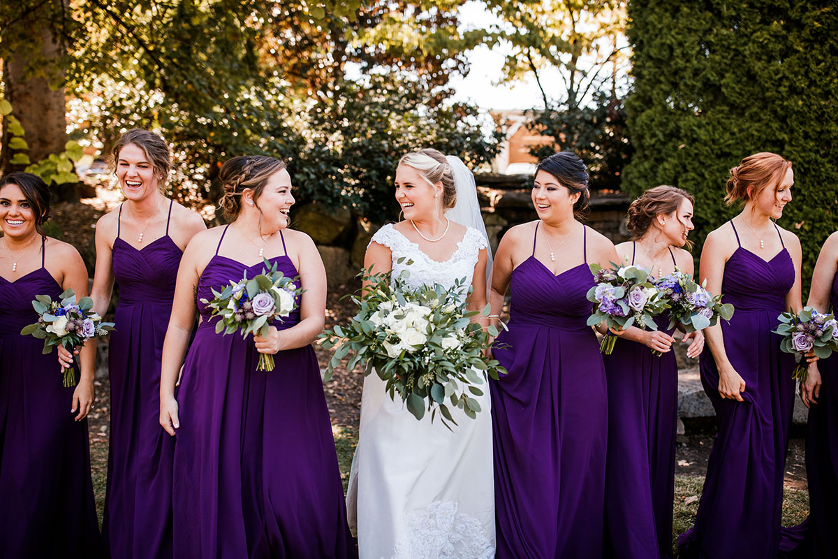 Allison Walking with Bridesmaids in Purple