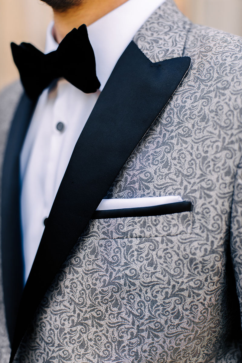 Will's Gray Printed Tuxedo and black velvet bowtie