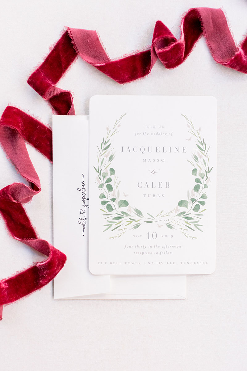 Classic Wedding Invitation Suite with burgundy velvet ribbon