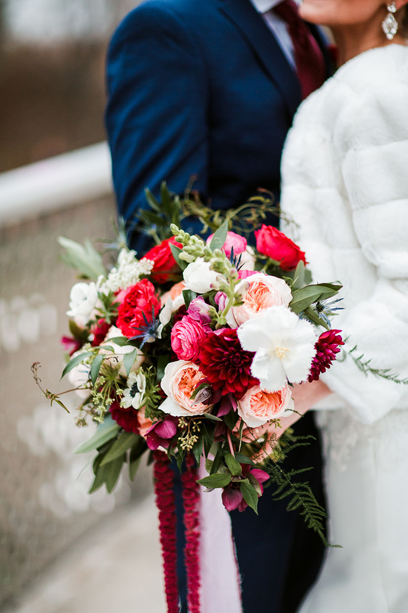 Romantic Winter Wedding Bridal Bouquet with Red and Blush Flowers