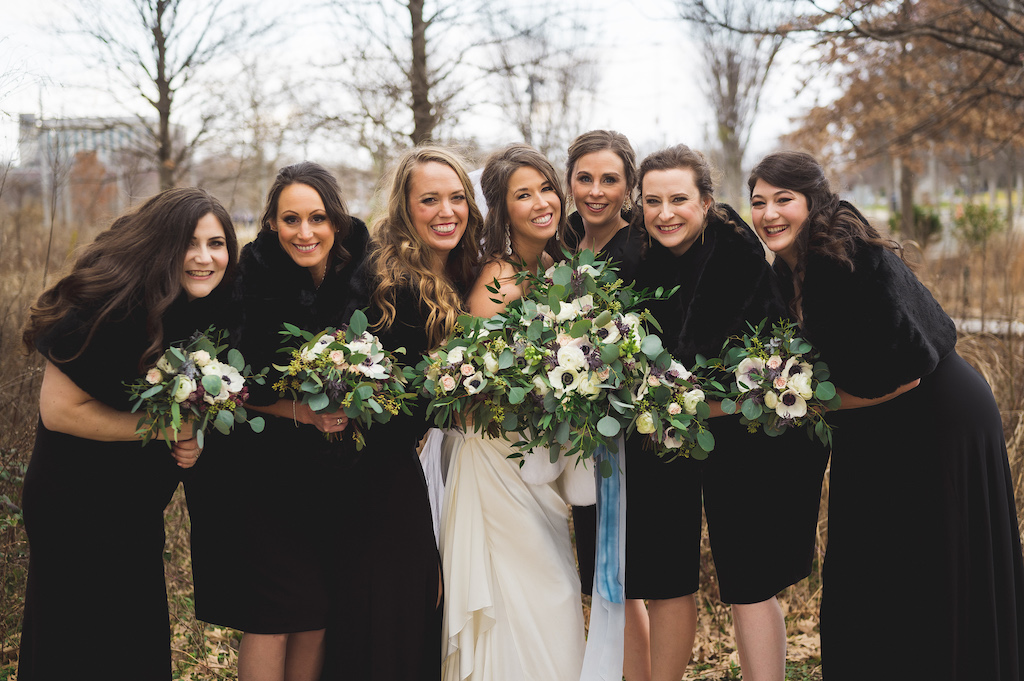 Tracy with Bridesmaids Holding Bouquets