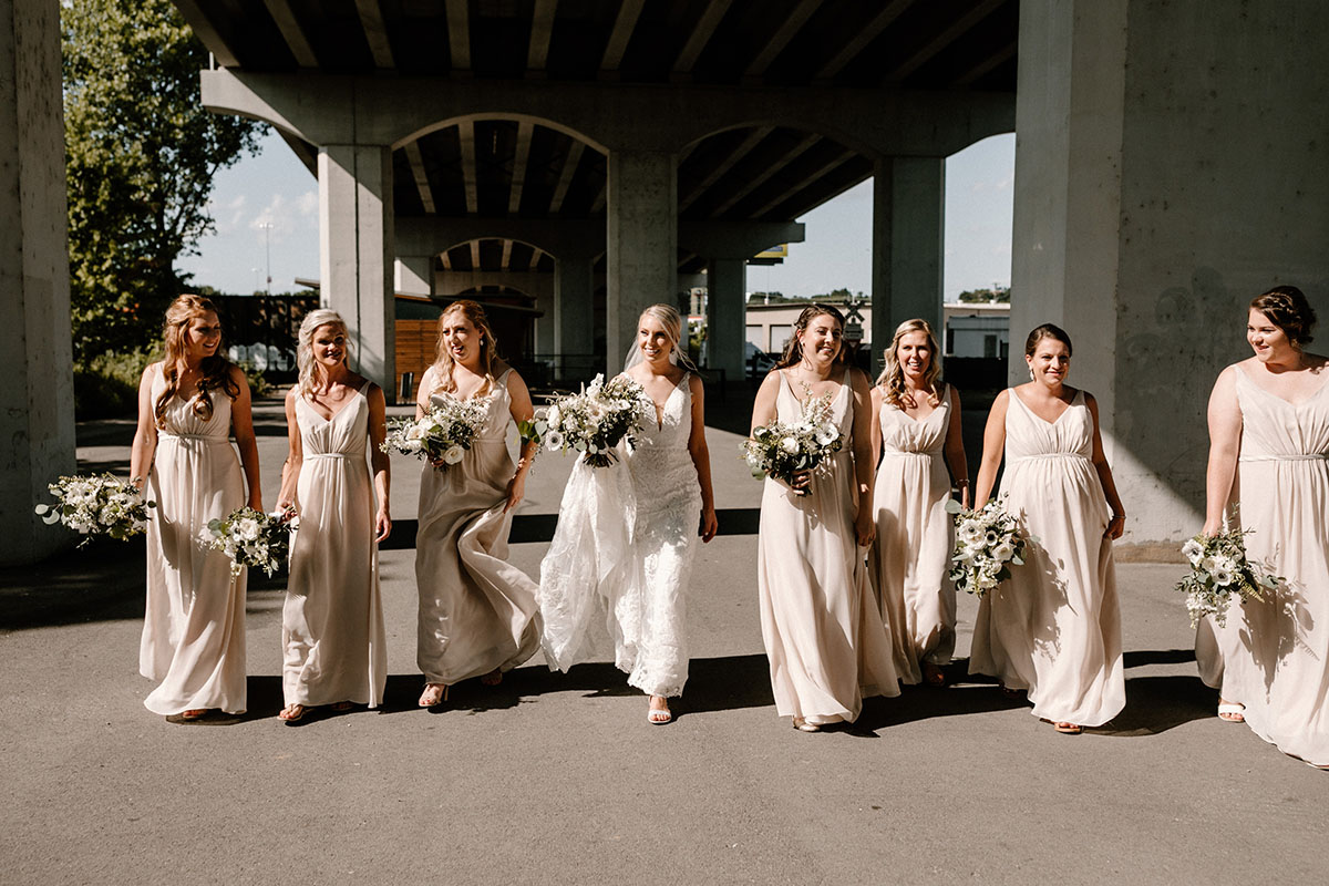 Chelsea Walking with Bridesmaids