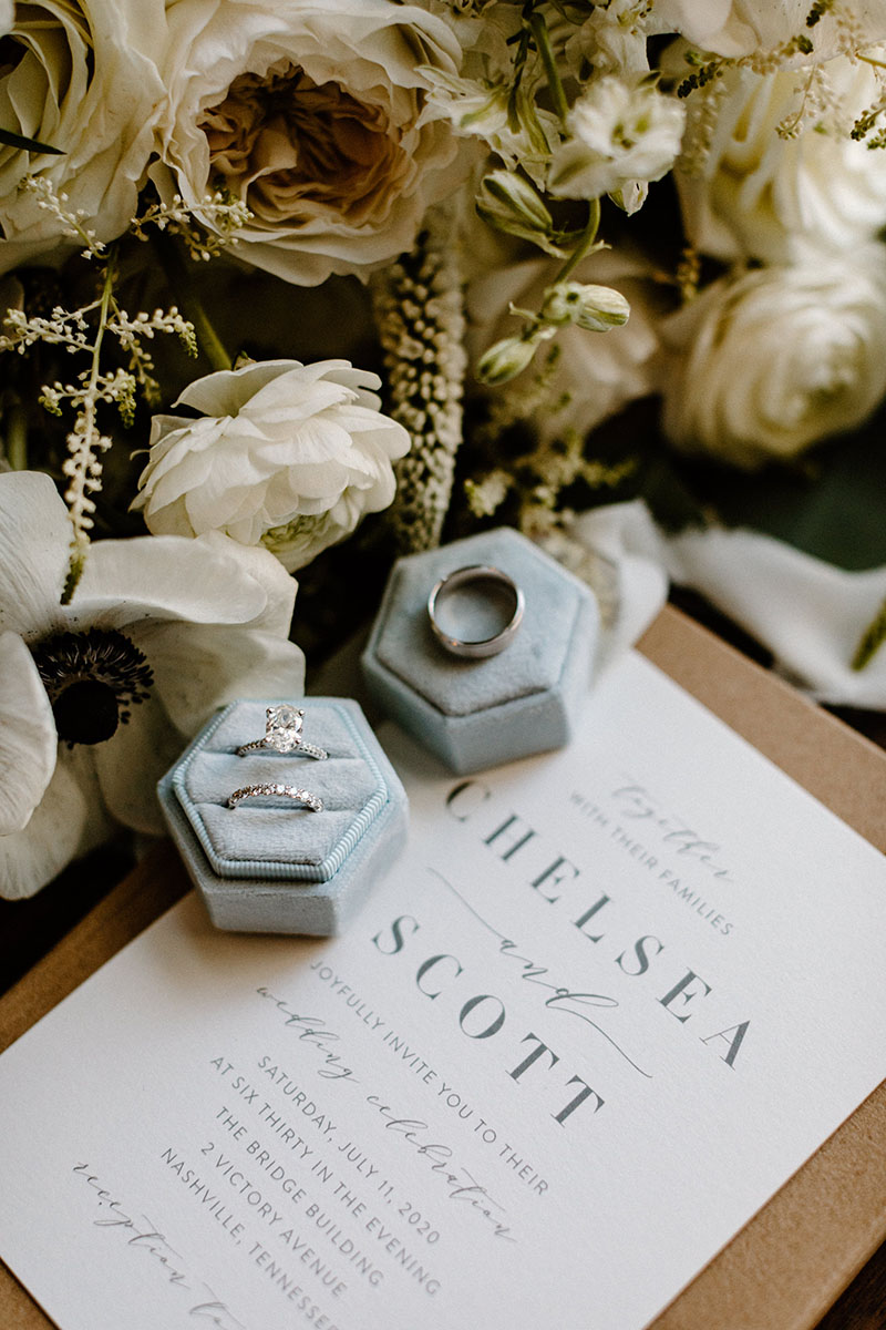 Pastel blue velvet Wedding Ring box and invitation