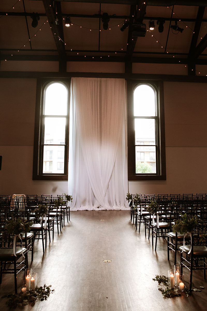 Classic Modern Wedding Ceremony Setup with White Draping