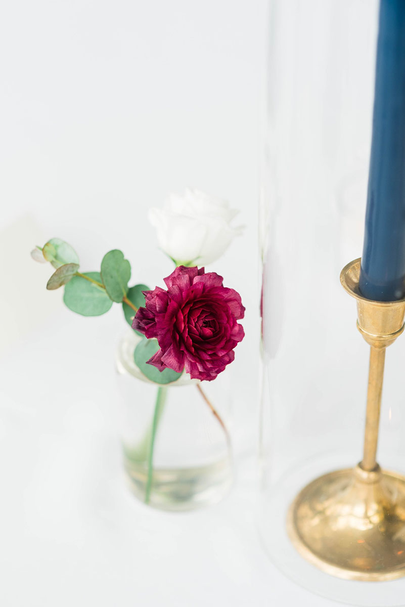 Delicate Wedding Reception Bud Vase and Navy Blue Taper Candle