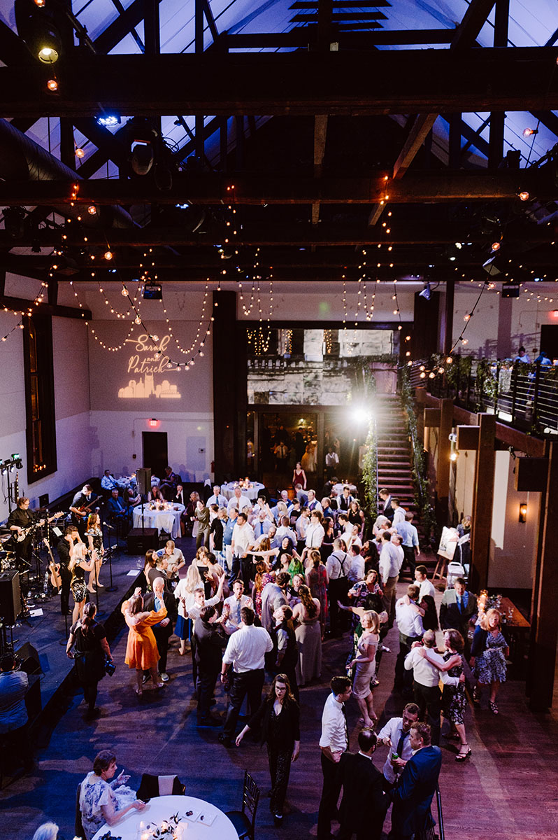 A bird's eye view of the wedding reception as the guests dance to a live band at the Bell Tower in Nashville