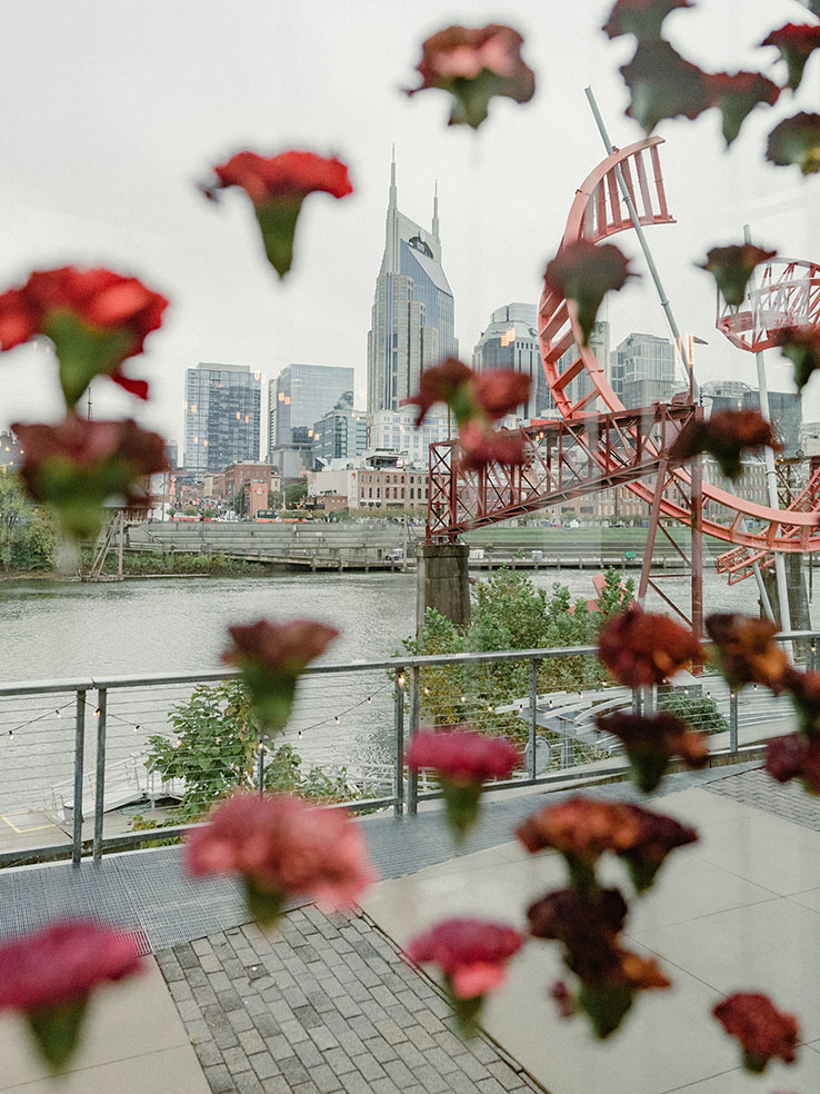 Nashville Skyline behind hanging magenta florals