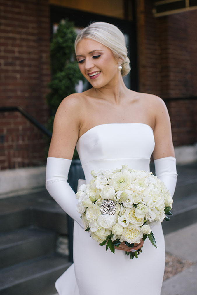 Classic Bride in Strapless Column Gown with Chic Fingerless Gloves