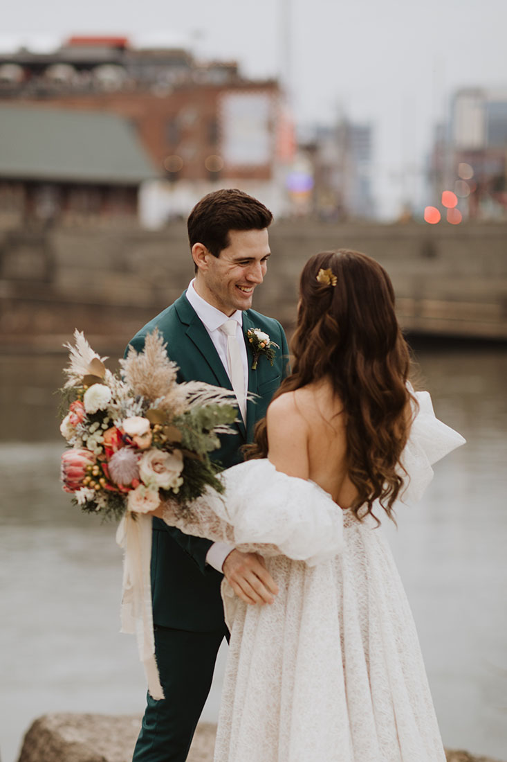 First Look Reaction from Groom on The Riverfront