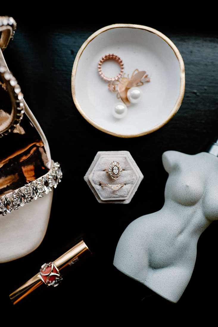 Alexis' Bridal Perfume and Accessories including a Neutral Shoe and Modern Ring