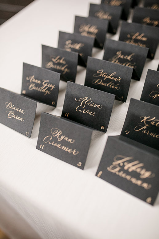 Close up of Moody Black and Gold Place Cards