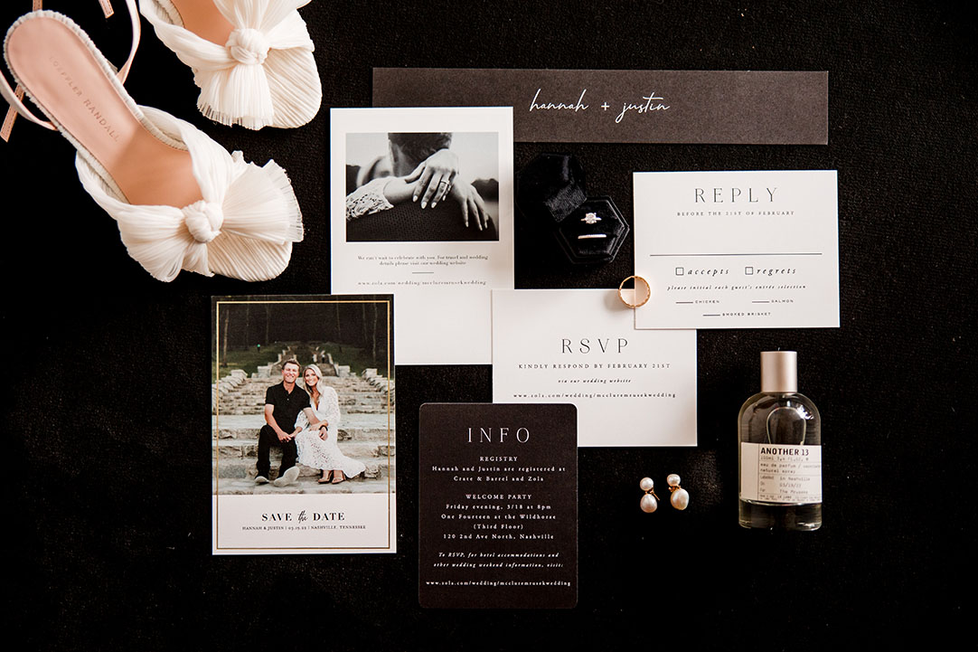 Classic Black and White Bridal Details and Invitation Suite Flat Lay