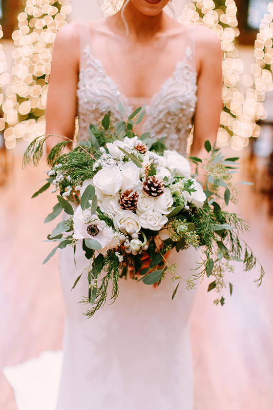 Winter Wedding Bridal Bouquet with Pinecones