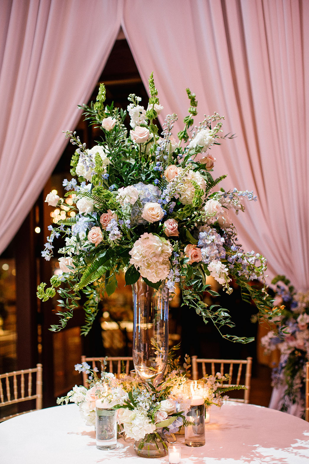 Elegant Pastel Floral Centerpiece on Winter Wedding Reception Table