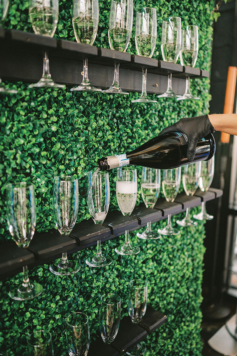 Greenery Boxwood Champange Wall with Individual Champagne Flutes in Nashville