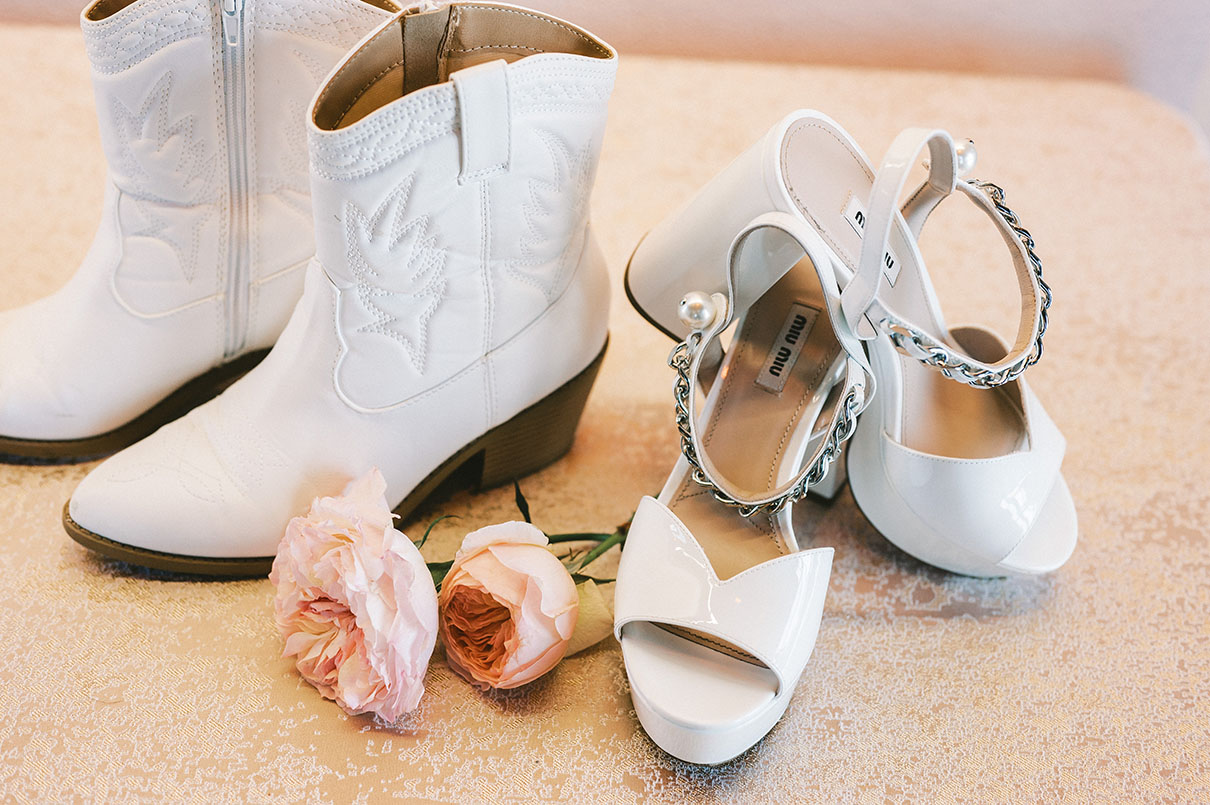 Emily's Bridal Heels and White Cowboy Boots