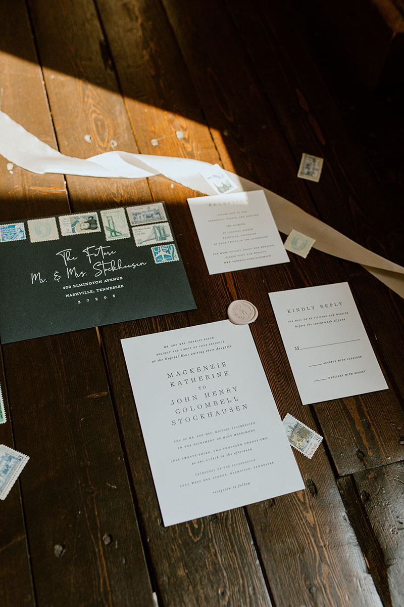 Mackenzie and Jack's Invitation Suite for Summer Wedding Flat lay