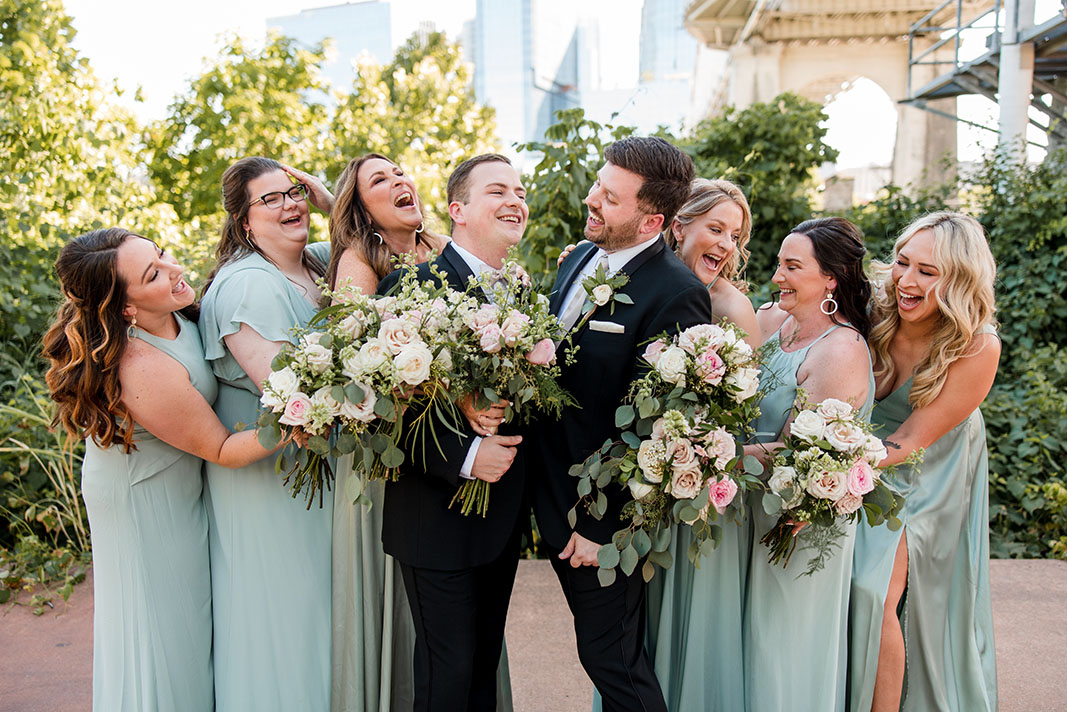 Gage and Brian with Wedding Party in Green with Garden inspired Bouquets