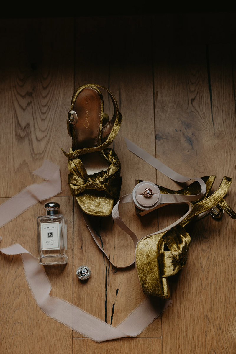Wedding Details Flat Lay of Bridal Heels and Perfume