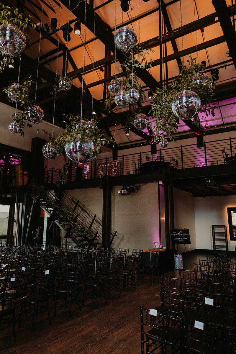 Disco Balls above Ceremony Seating in the Bell Tower
