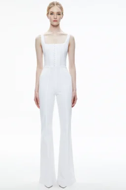 Alice and Olivia white corset jumpsuit for Folkore Era-inspired wedding reception