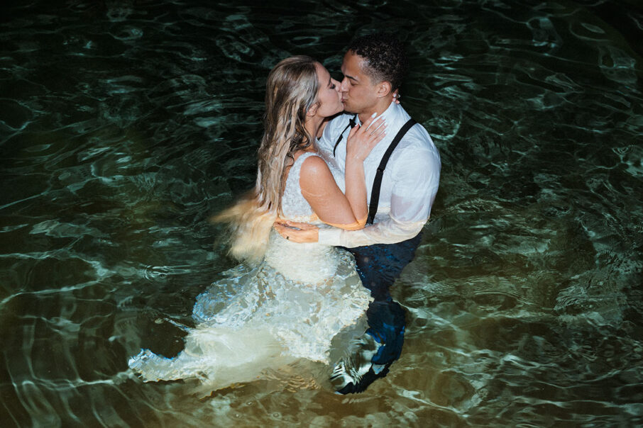 Bride and Groom Pool Jump Wedding Exit