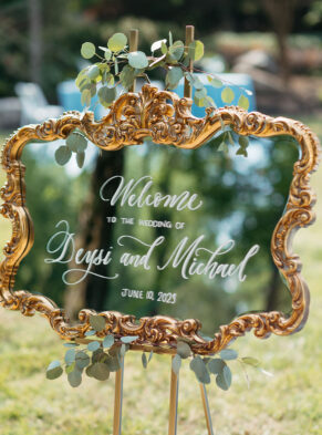 Gold Frame Mirror wedding welcome sign with White Calligraphy