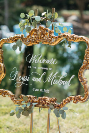 Gold Frame Mirror wedding welcome sign with White Calligraphy