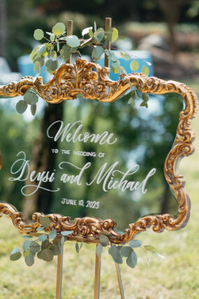 Gold Frame Mirror wedding welcome sign with White Calligraphy