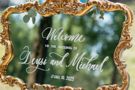 Gold Frame Mirror wedding welcome sign with White Calligraphy